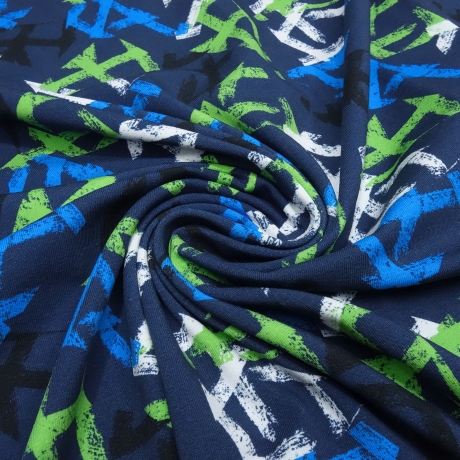 Stoff Baumwolle Jersey grafische Muster blau grün schwarz weiss