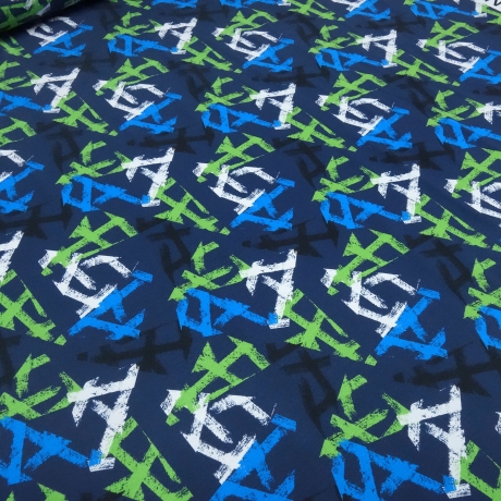 Stoff Baumwolle Jersey grafische Muster blau grün schwarz weiss