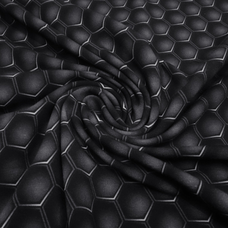 Stoff Baumwolle French Terry Hexagon grau schwarz Kleidestoff