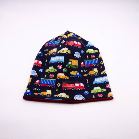 Kindermütze, Beanie, genäht aus Jersey, dunkelblau mit Autos