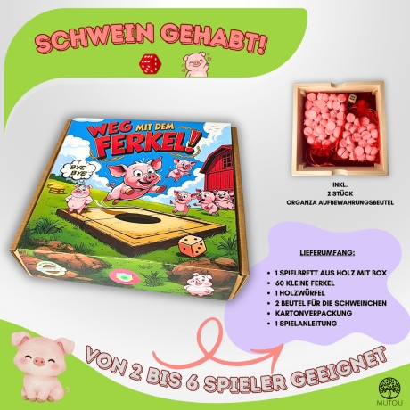 Weg mit dem Ferkel! – Lustiges Holz Würfelspiel 60 Schweinchen 