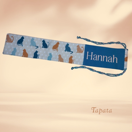 Flötentasche mit Namen, Flötenbeutel - Katzen blau braun 