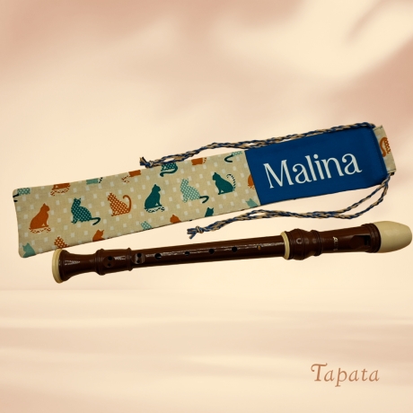 Flötentasche mit Namen, Flötenbeutel - Katzen blau braun 