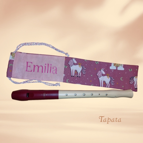 Flötentasche mit Namen, Flötenbeutel - Einhörner Regenbogen rosa 