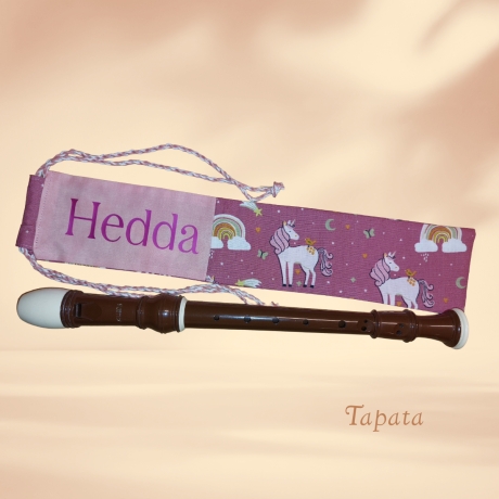 Flötentasche mit Namen, Flötenbeutel - Einhörner Regenbogen rosa 