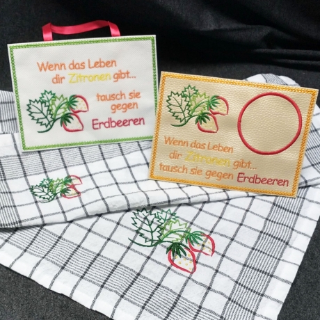 Erdbeeren Stickdatei Solo Schild und Mugrug mit Text oder Blanko