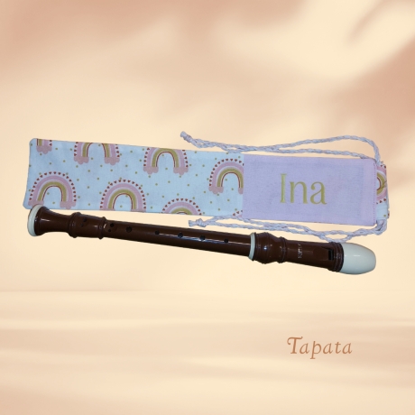 Flötentasche mit Namen, Flötenbeutel - Regenbogen weiß rosa