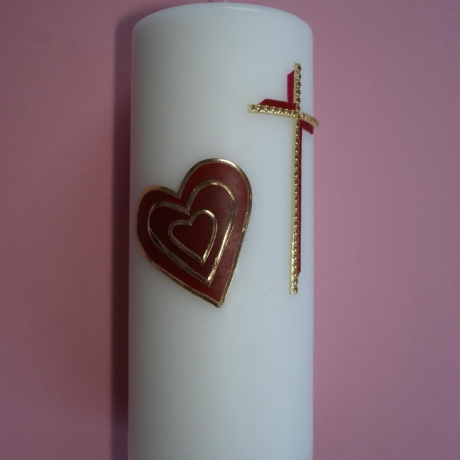 5026 Hochzeitskerze mit 3D Herzen in weinrot