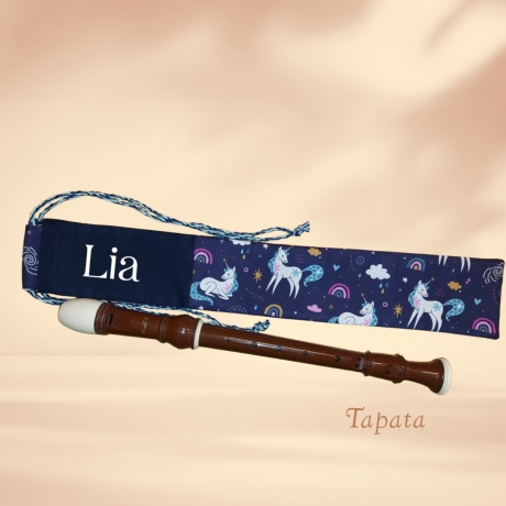 Flötentasche mit Namen, Flötenbeutel - Einhörner blau