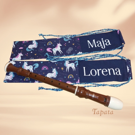 Flötentasche mit Namen, Flötenbeutel - Einhörner blau