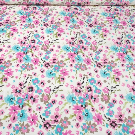 Stoff Viskose Jersey Blumen wollweiß türkis rosa grün bunt