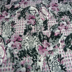 Stoff Viskose Jersey Blumen Abstrakt schwarz weiß grau flieder