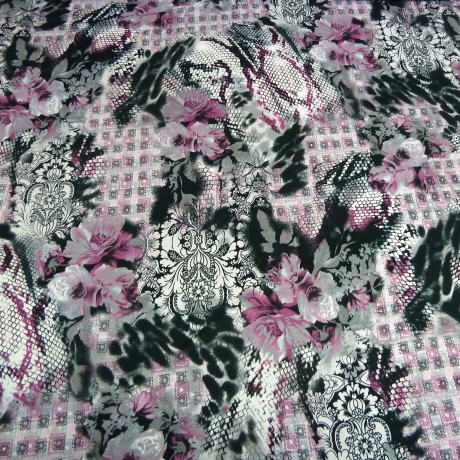 Stoff Viskose Jersey Blumen Abstrakt schwarz weiß grau flieder