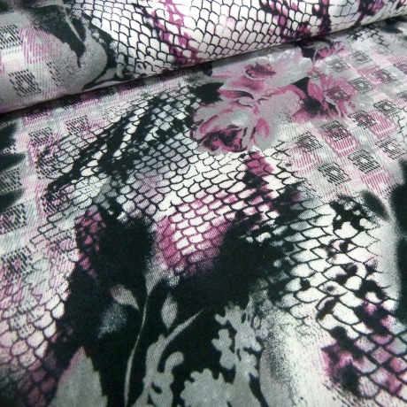 Stoff Viskose Jersey Blumen Abstrakt schwarz weiß grau flieder