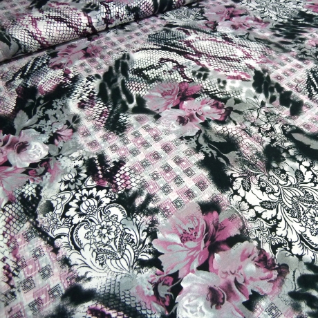 Stoff Viskose Jersey Blumen Abstrakt schwarz weiß grau flieder