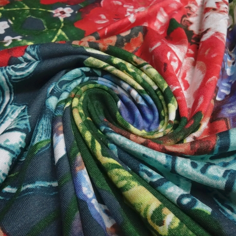 Stoff Viskose Jersey Blumen Borden dunkelgrün petrol rot bunt