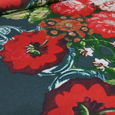 Stoff Viskose Jersey Blumen Borden dunkelgrün petrol rot bunt