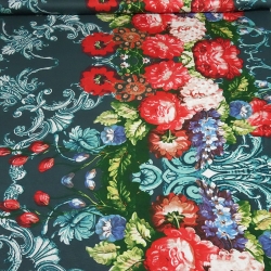 Stoff Viskose Jersey Blumen Borden dunkelgrün petrol rot bunt