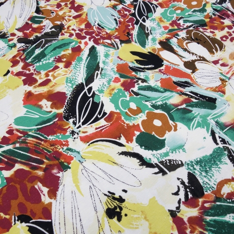 Stoff Viskose Jersey Blumen Abstrakt ecrú grün braun gelb rot
