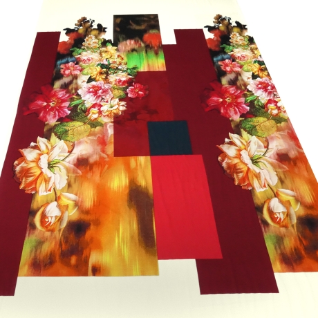 Stoff Jersey Stoffpanel 95 cm Blumen Ranken vanille rot grün