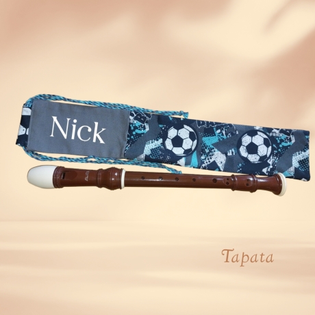 Flötentasche mit Namen, Flötenbeutel - Fußball blau grau 