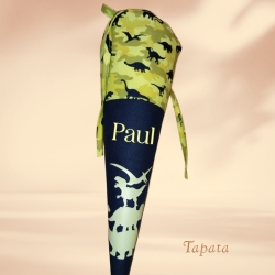 Kleine Schultüte, Vorschultüte, Zuckertüte - Dinos gestapelt gelb