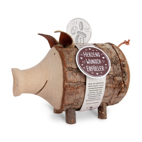 Sparschwein/Spardose, groß, mit Rinde – handgefertigt aus Holz