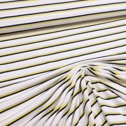 Stoff Viskose Jersey quer gestreift weiß gelb marine-blau silber