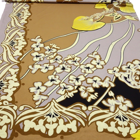 Stoff Viskose Jersey Blumen Ranken braun beige taupé gelb bunt