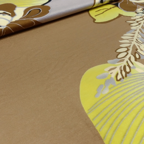 Stoff Viskose Jersey Blumen Ranken braun beige taupé gelb bunt