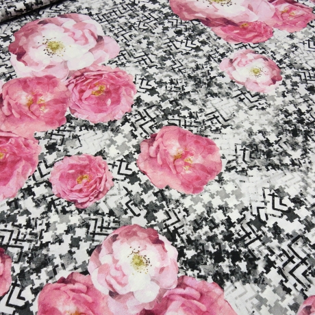 Stoff Viskose Jersey Blumen Rosen rosa grau weiß schwarz gelb