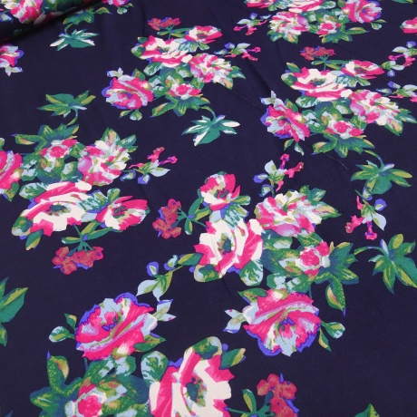 Viskose Jersey Blumen Design marine-blau pink grün bunt