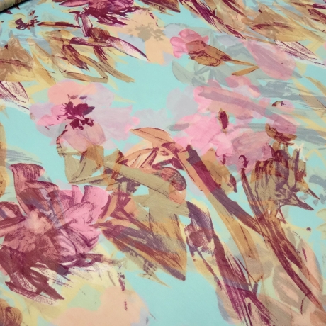 Stoff Chiffon Krepp abstrakten Blumen türkis rosa bordeaux beige