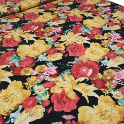 Stoff Viskose Jersey Blumen Rosen rot gold-gelb schwarz bunt