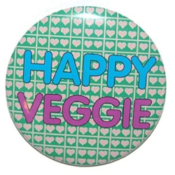 Button 50 mm mit Anstecknadel Spruch Happy Veggie