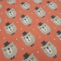 Stoff 100% Baumwolle Popeline Bär Bärenkopf orange beige weiß