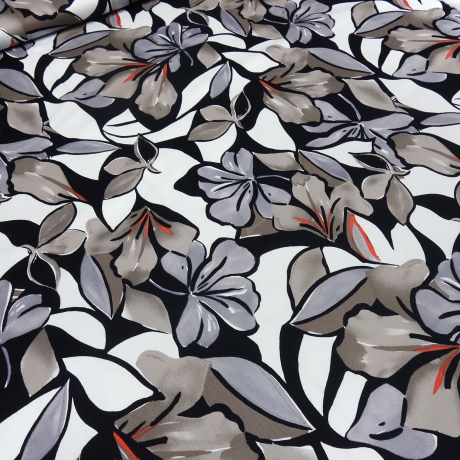 Stoff Baumwolle Stretch Blumenmuster weiß grau taupé schwarz