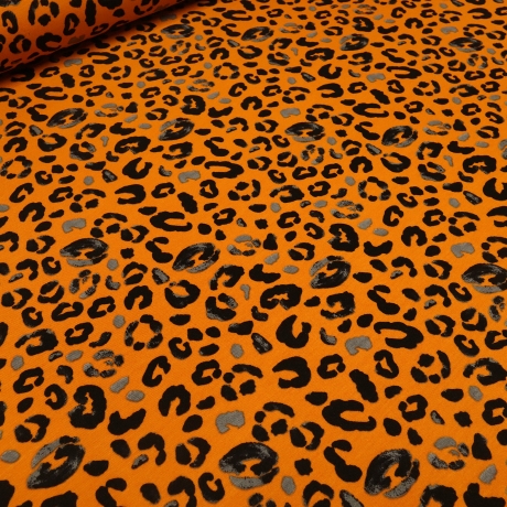 Stoff Sweatshirtstoff Tierfellmuster Leopard orange grau schwarz