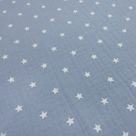Stoff 100% Baumwolle Musselin Double Gauze Sterne hellblau weiß
