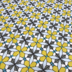 Stoff Baumwolle Popeline Ornamente Blumen curry grau weiß blau