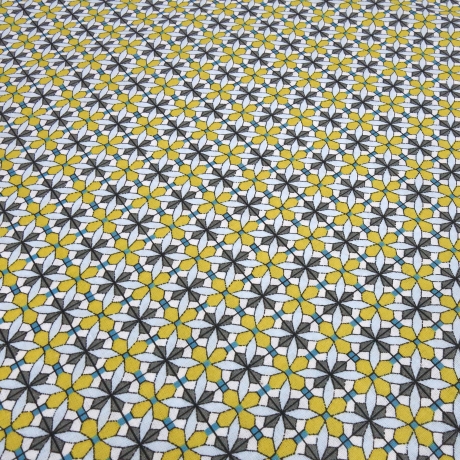 Stoff Baumwolle Popeline Ornamente Blumen curry grau weiß blau