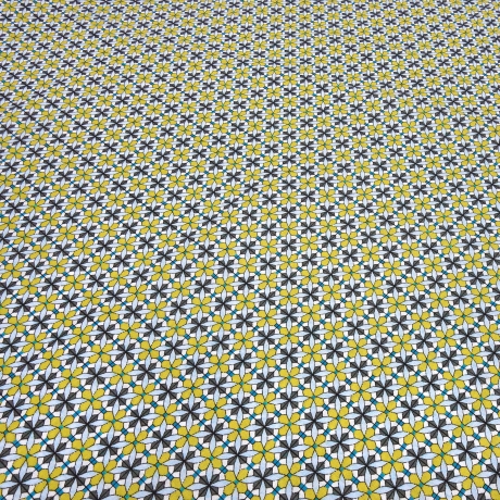 Stoff Baumwolle Popeline Ornamente Blumen curry grau weiß blau