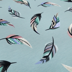 Stoff Baumwolle Jersey Federn Design blau-grün blau rosa bunt