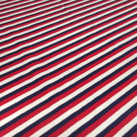 Stoff Baumwolle Jersey 4 mm Streifen rot wollweiss marine blau