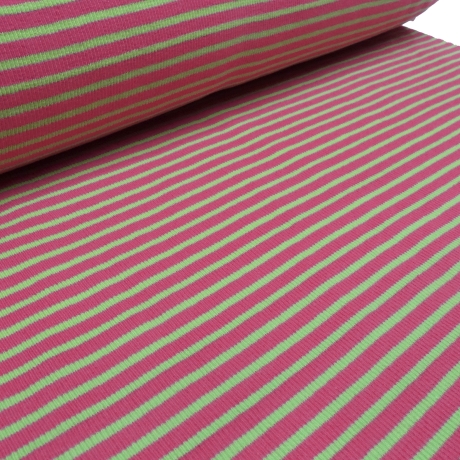 Stoff Baumwolle Bündchenstoff pink / grün 3/5mm gestreift