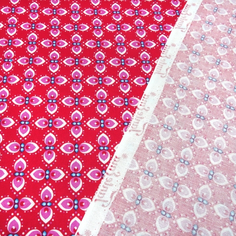 Stoff Baumwolle Popeline retro Blumenmuster Design rot rosa weiß