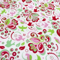 Stoff Baumwolle Jersey Blumen Vögel weiss grün rot rosa mint