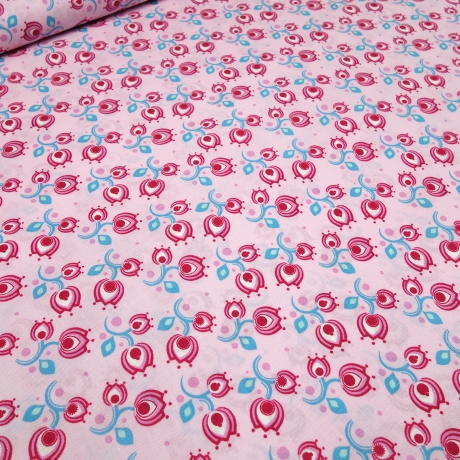 Stoff Baumwolle Popeline Tulpen Blumenmuster rosa pink türkis