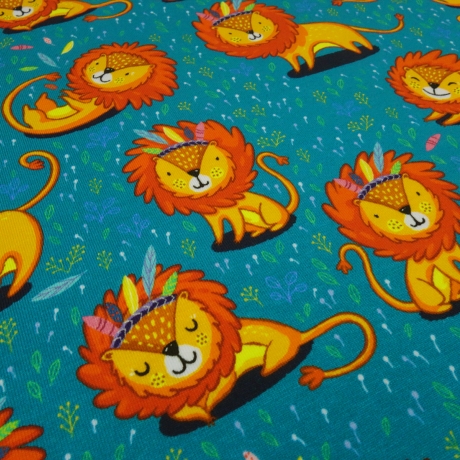 Stoff Baumwolle Jersey mit Löwe Löwen Design petrol orange bunt
