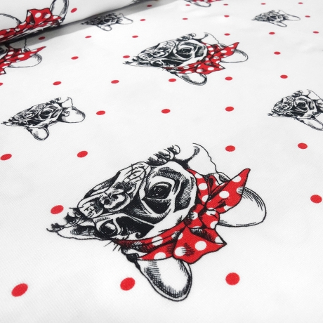 Stoff Baumwolle Jersey Hunde Franz. Bulldogge Punkte weiß rot